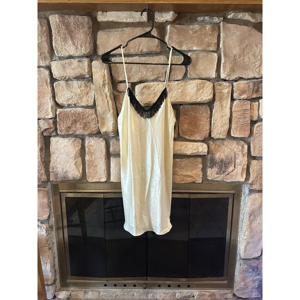 VTG 80s/90s Val Mode Satin Slip Dress Women’s Fringe M USA Gold Yellow Babydoll